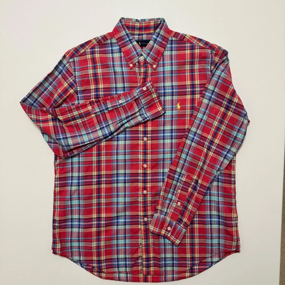 Ralph Lauren Button Down Shirt Mens L Red Plaid Excellent Long Sleeve Pony Logo - Picture 2 of 7